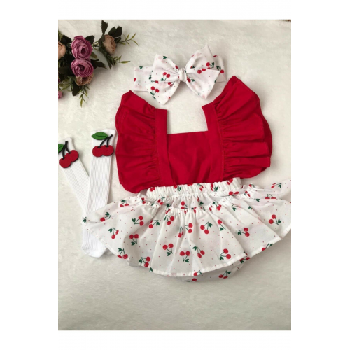 Kız Çocuk Kırmızı Kiraz Desen Slopet Bandana Kiraz Çorap Set