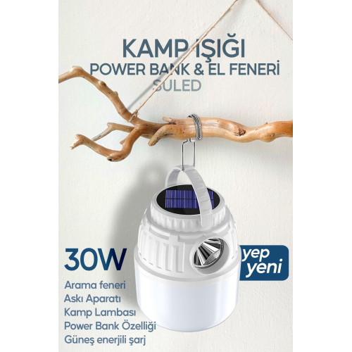 Kamp Lambası Solar Şarjlı El Feneri USB Type-C Şarj Çıkışlı Power Bank Özellikli Lithium 30W Askılı