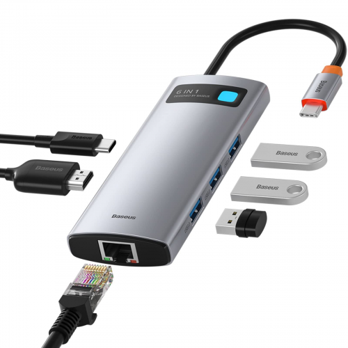 Baseus USB C Hub, 6'sı 1 arada Yerleştirme İstasyonu USB C Hub Çoklu Bağlantı Noktası Adaptörü 4K HDMI, Ethernet, 100W PD, 3 USB 3.0 MacBook Pro/Air