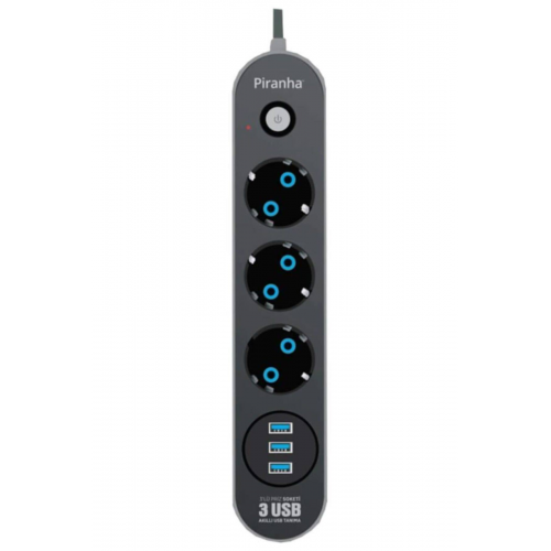 Piranha 3'Lü Priz Termal Akım Korumalı (3 Usb Girişli) 2Mt. 3395