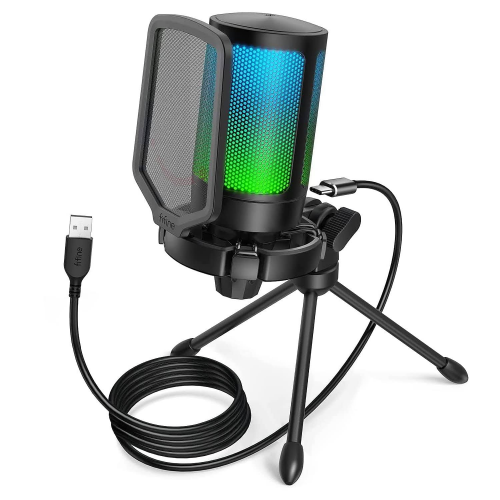 FIFINE Oyun mikrofonu PC, USB mikrofon PS4 PS5 Mac, RGB USB mikrofon, sessize alma düğmesi, mikrofon standı, pop filtre, şok montajı, A6V