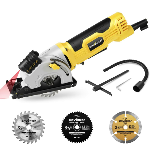 Mini daire testere, ENVENTOR 580W el daire testeresi, 3 testere bıçaklı, kılavuz raylı ve lazer kılavuzlu mini el daire testeresi, 4000 RPM, ahşap,