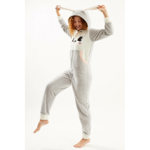 YOYOSO Ecrou Kadın Gri Sevimli Tavşan Welsoft Tulum Pijama Takımı S/M Beden
