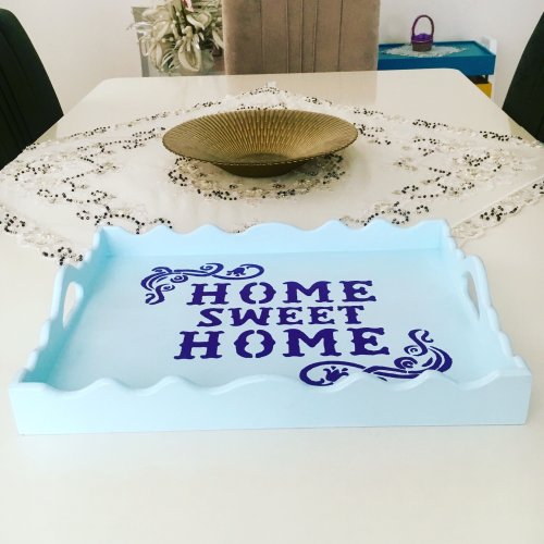 Dekoratif Ahşap Servis Tepsisi Mavi