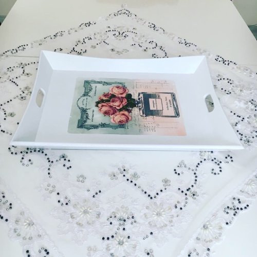 Dekoratif Desenli Ahşap Servis Tepsisi Büyük Boy