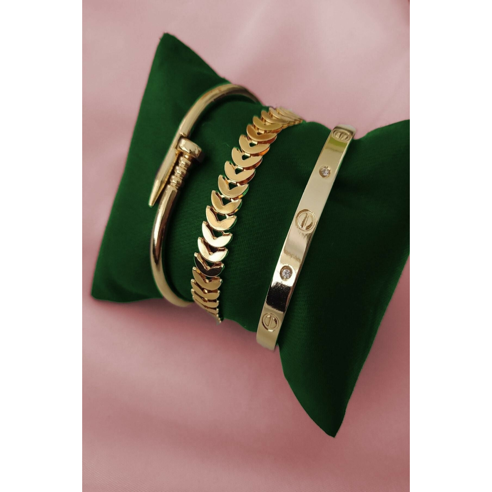 Kombin Kadın Altın Kaplama Taşlı Model Kılçık Ve Çivi Model Kombin Bileklik, Çivi Bileklik