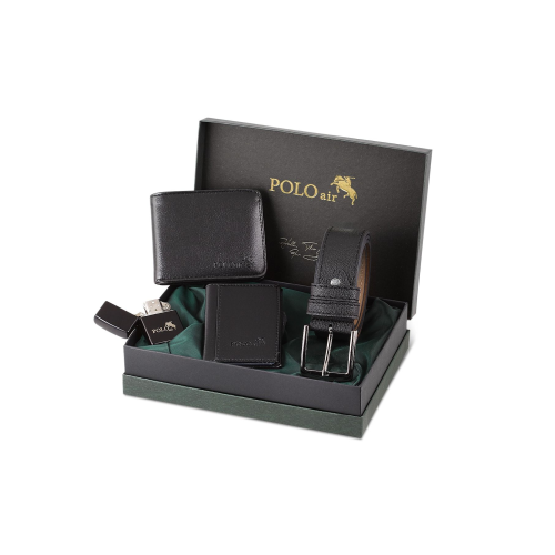 Kutulu Siyah Klasik Erkek Cüzdan Kemer Kartlık Benzinli Çakmak Seti