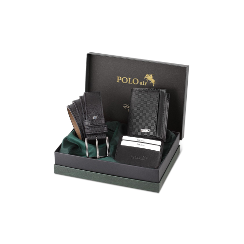 Siyah Dama Desenli Kutulu Erkek Cüzdan Kemer Kartlık Seti