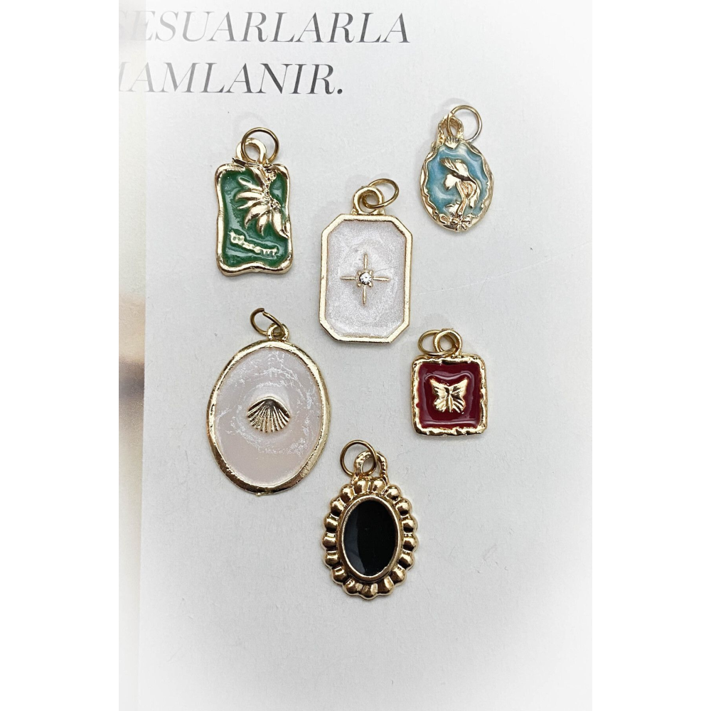 Altın Kaplama 6'lı Mine Detaylı Renkli Kolye Ucu Seti