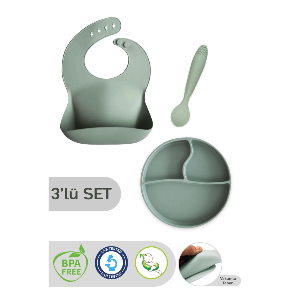 3'lü Silikon Beslenme Seti -silikon Mama Önlüğü, Vakumlu Tabak, Diş Kaşıyıcılı Kaşık Yeşil