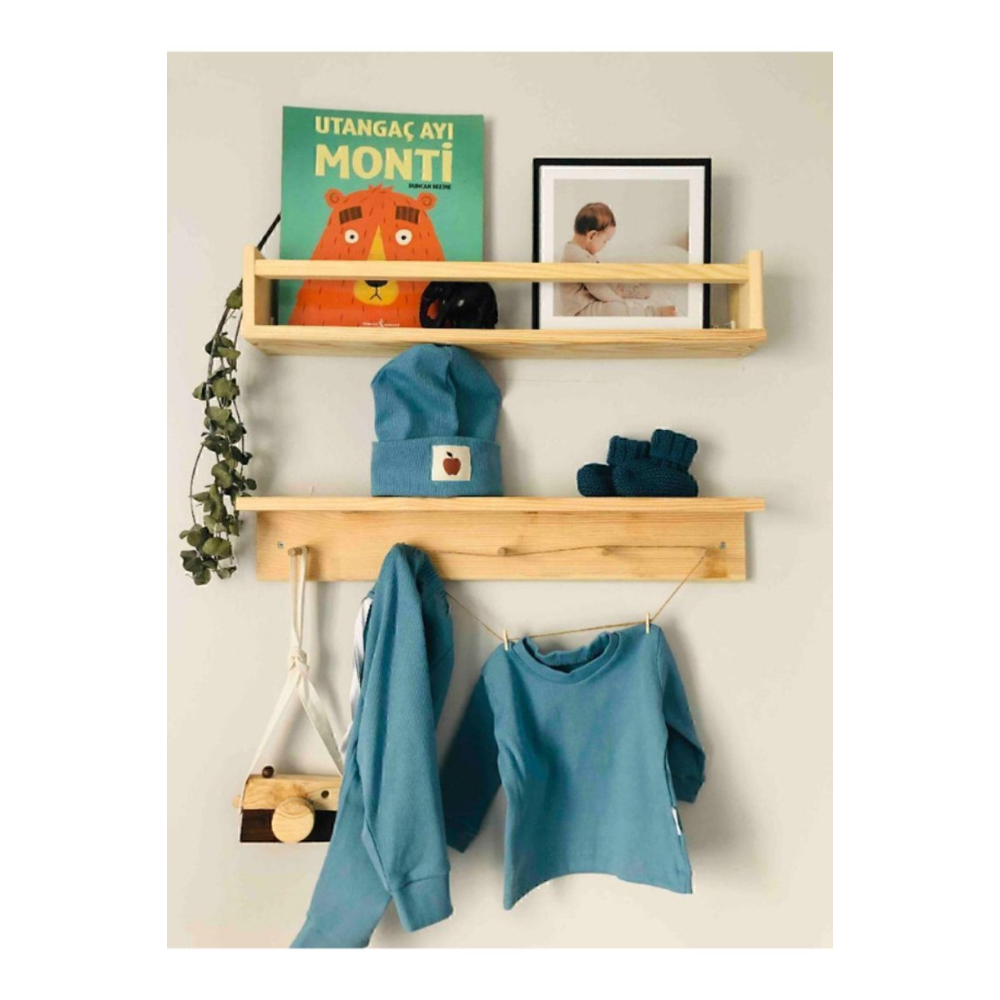 Ahşap Askılık Raf Ve Kitaplık Raf Eğitici Montessori Raf 2'li 40 Cm