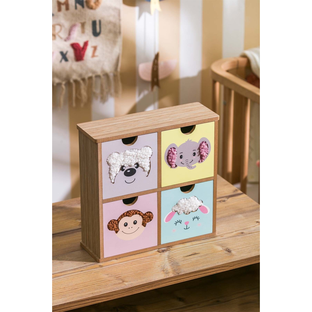 Sevimli Teddy Kumaş Detaylı Ahşap 4 Çekmeceli Düzenleyici Hayvan Figürlü Masa Üstü Kutu Çocuk Odası