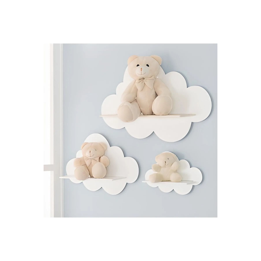 TR 3'lü Beyaz Dekoratif Bulut Çocuk Odası Duvar Rafı ramazan ok Beyaz Type 2 mdf
