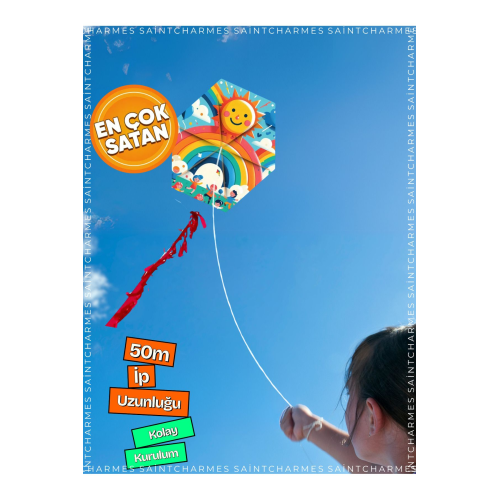 Çocuk Uçurtması Gökkuşağı ve Güneş Desenli 50m İpli Renkli Kolay Kurulum Oyuncak