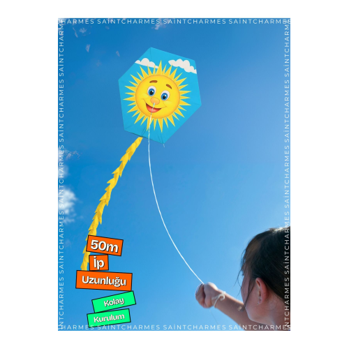 Gülen Güneş Desenli Uçurtma 50 Metre Ipli Kolay Kurulumlu Çocuk Oyuncağı