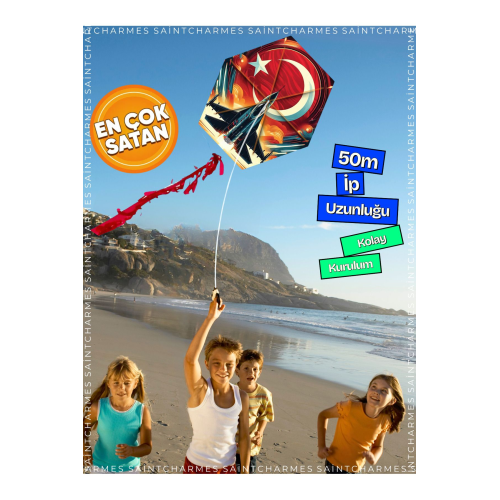 Jet Uçurtma Ay Yıldız Desenli 50 Metre İpli Kolay Kurulumlu Çocuk Oyuncağı