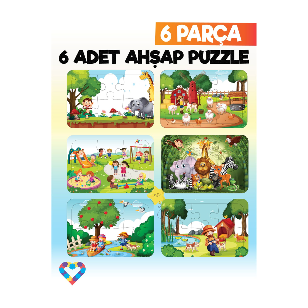 Ahşap Eğitici Puzzle Seti - 6'lı 6 Parça - Okul Öncesi Zeka Geliştirici Oyuncak