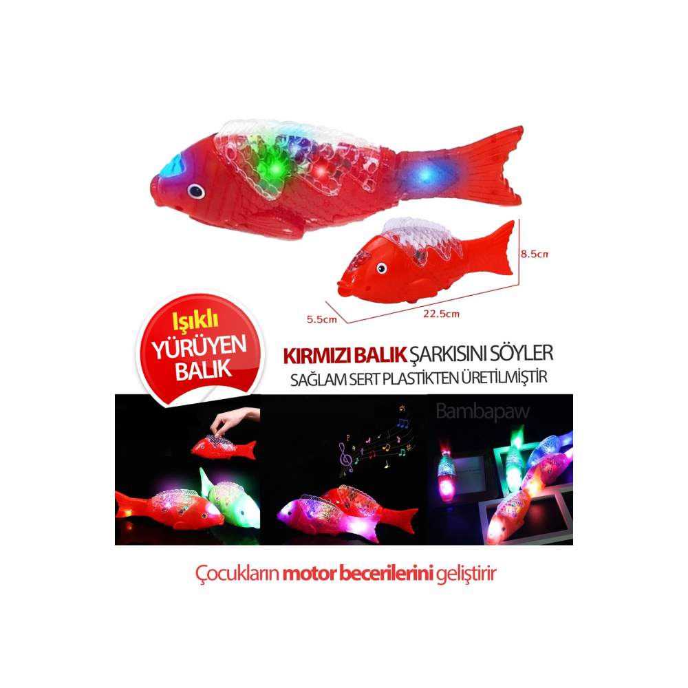 Kırmızı Balık Şarkılı Müzikli Işıklı Sesli Yürüyen Balık 23 Cm Pilli Oyuncak Balık