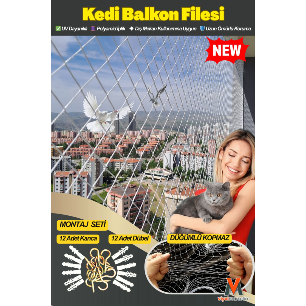 ????kedi Ve Kuş Balkon Filesi 2,5x3m – Uv Dayanıklı Güvenlik Filesi Kanca Ve Dübel Dahil