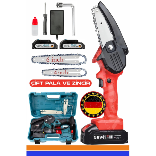 58v 5ah Red +2 Adet Zincir Hediyeli Çift Bataryalı Dal Budama Akülü Testere Makinesi