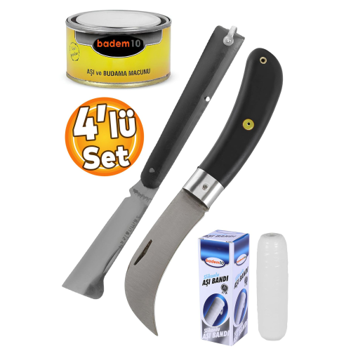 (4'LÜ SET) Eğri Uçlu Ve Düz Uçlu Bağ Aşı Bıçağı Çakısı Aşı Macunu Aşı Bandı Ağaç Dal Aşılama Seti