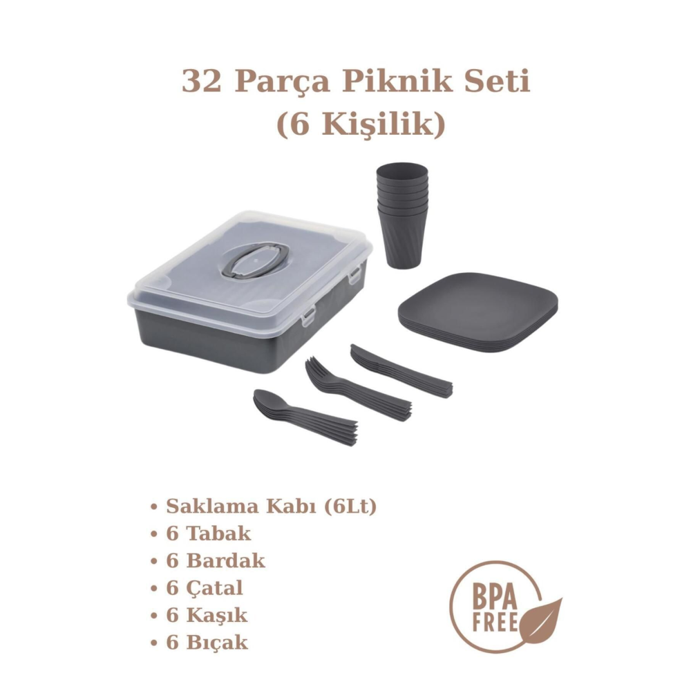 Piknik Seti 32 Parça 6 Kişilik Bardak Çatal Kaşık Tabak 1500 Mürdüm Ve Antri