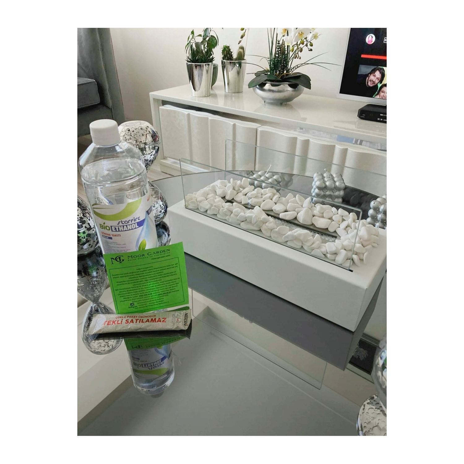 Metal Beyaz Renk Masa Üstü Şömine Sertifikalı Yakıt Ve Dekoratif Taş Hediyeli