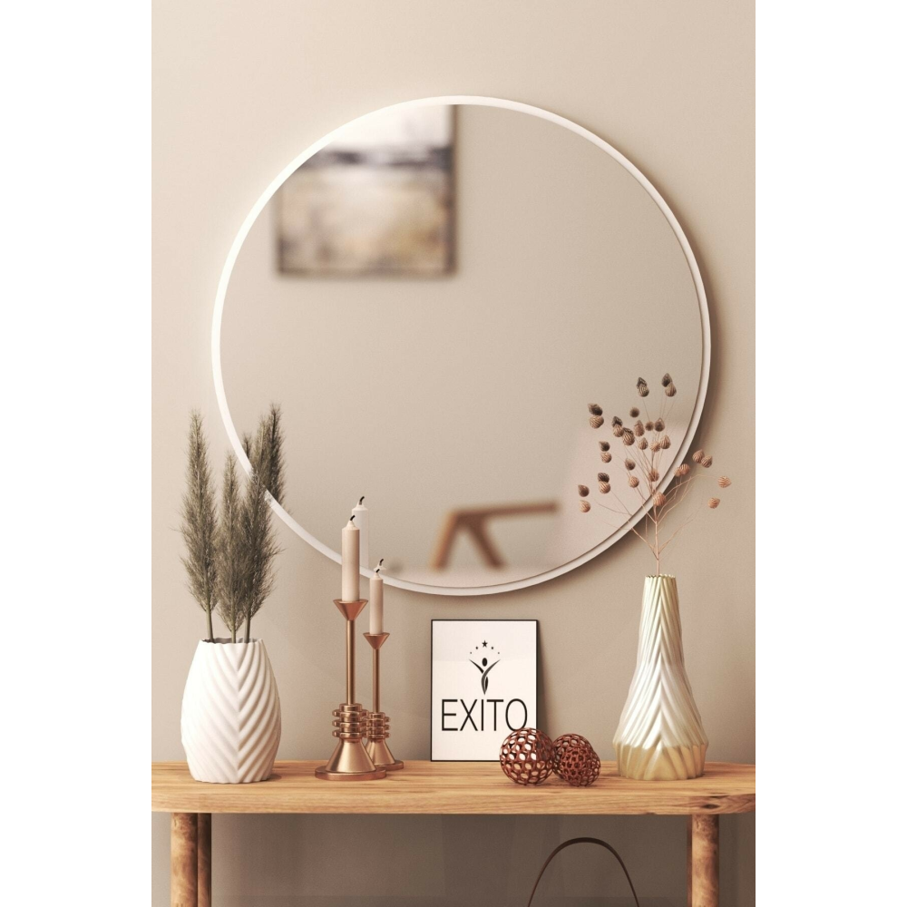 Beyaz Dekoratif Yuvarlak Büyük Antre  Duvar Aynası 45 Cm