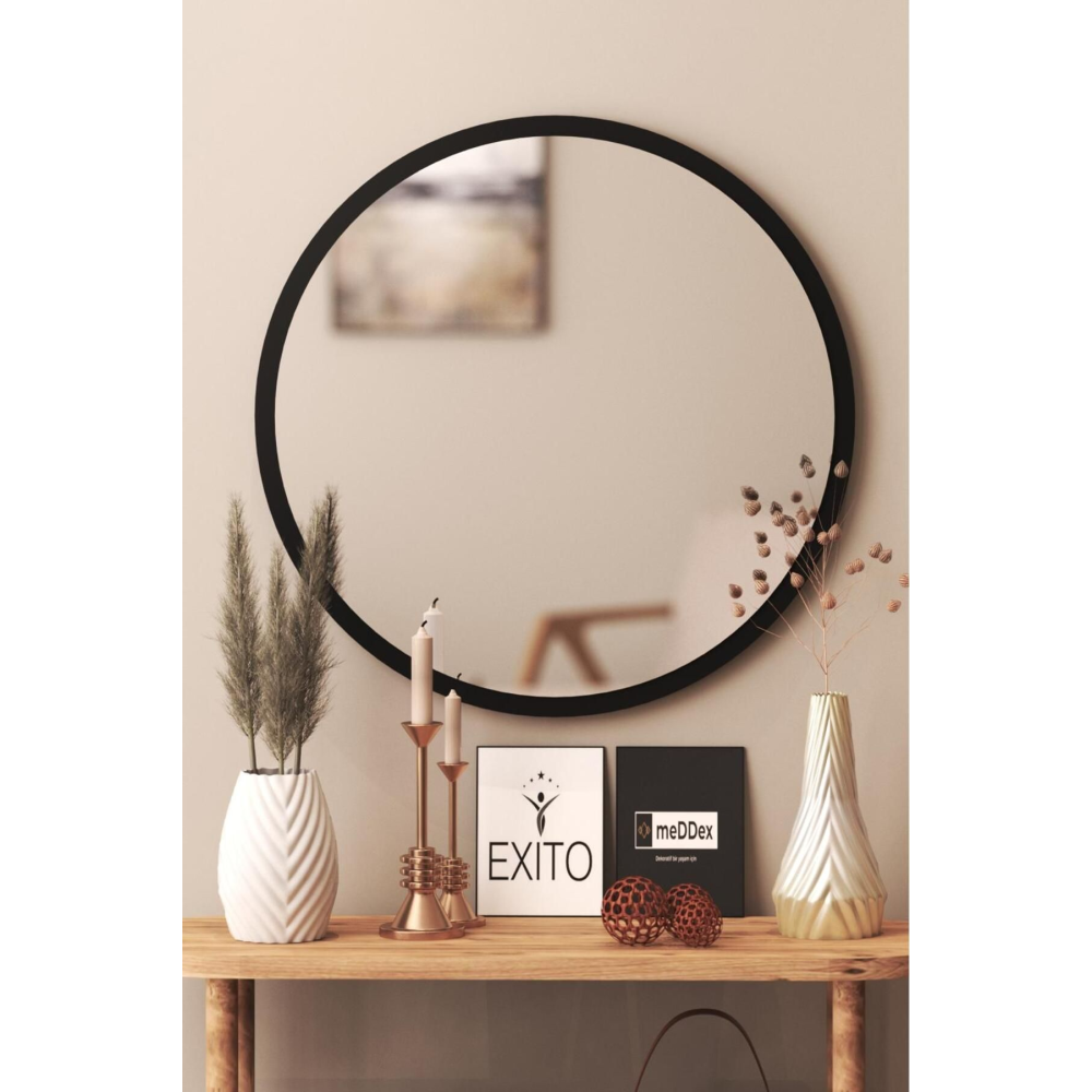 Siyah Dekoratif Yuvarlak Duvar Aynası 45cm