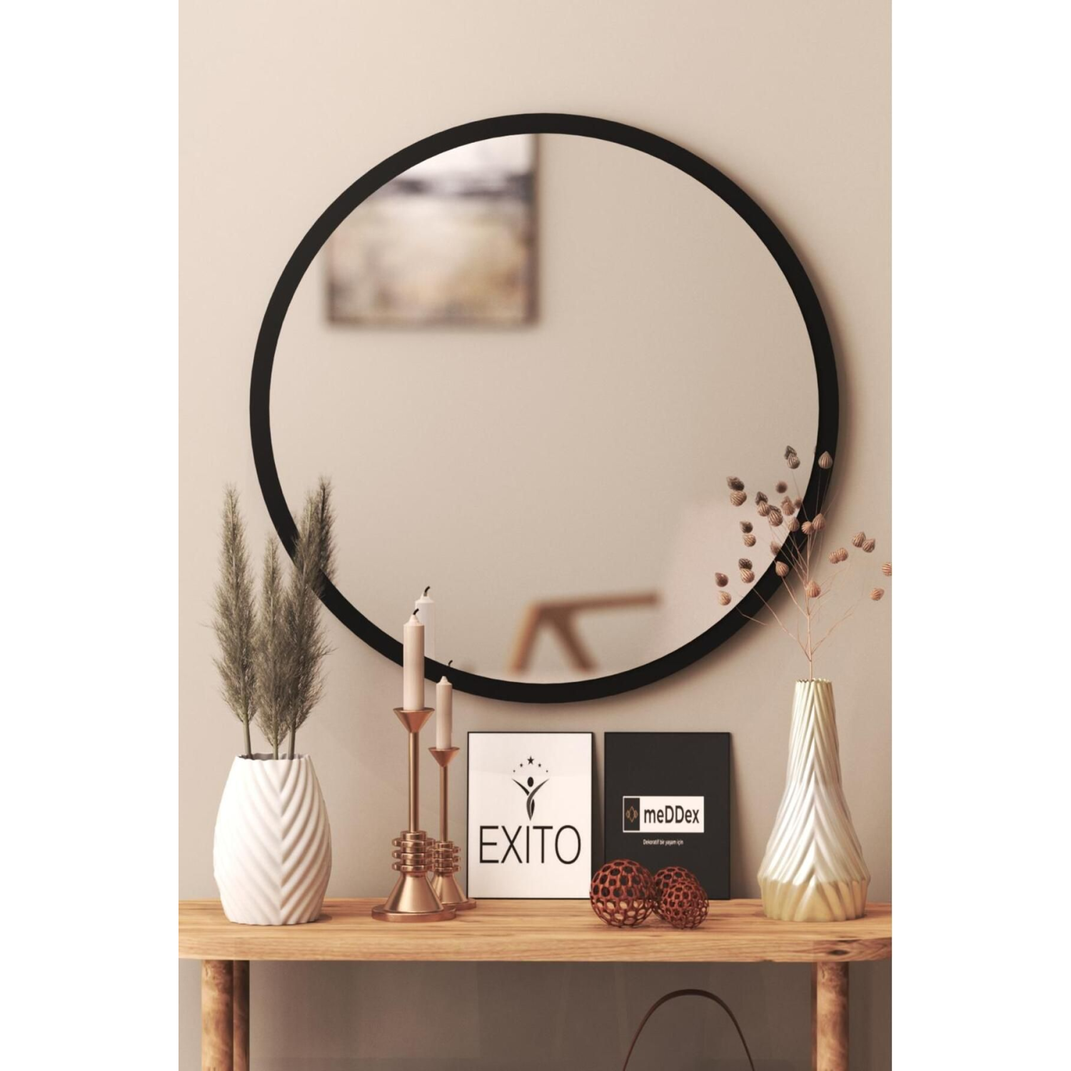 Siyah Dekoratif Yuvarlak Duvar Aynası 45cm