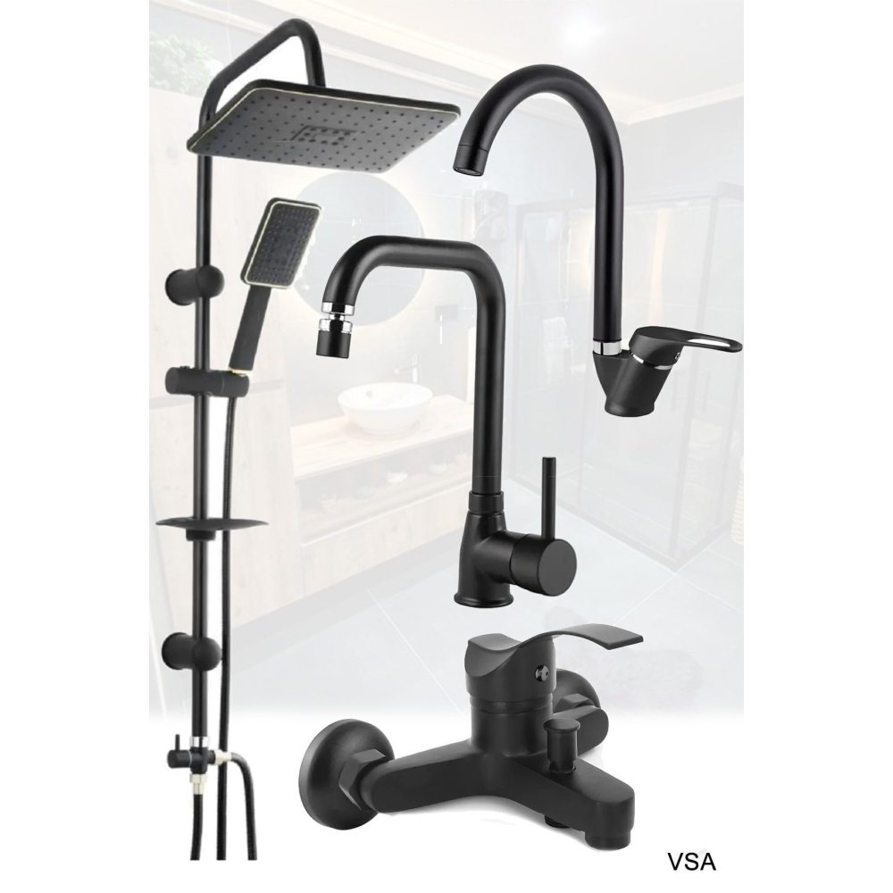 Siyah Robot Siyah Tepe Yağmurlama Duş Seti Mutfak Banyo Lavabo Bataryası Set