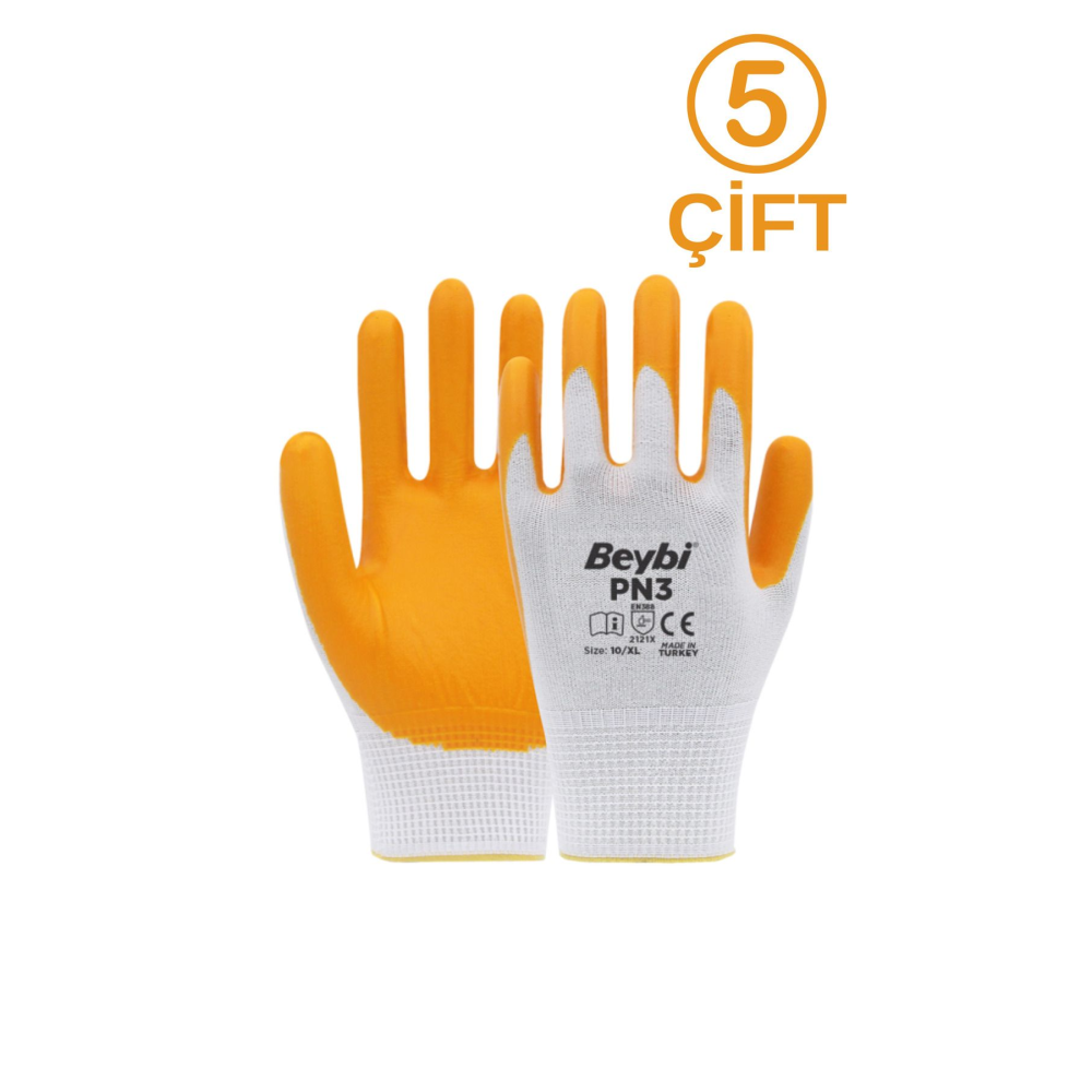 5 ÇİFT BEYBİ Pn3 ( PN3 , Pn-3 ) NO:10 BEDEN:XL POLYESTER ÖRME NİTRİL İŞ ELDİVENİ