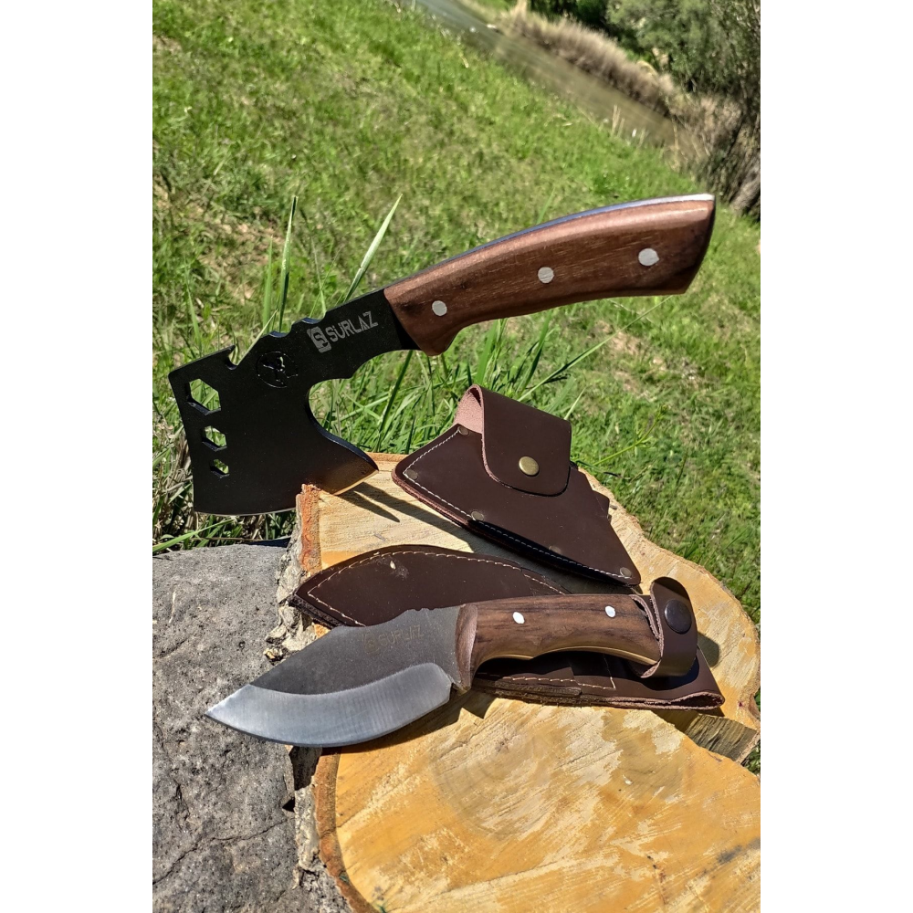 2'li El Yapımı Outdoor Balta Kamp Bıçak Paslanmaz Çelik Set Deri Klıflı