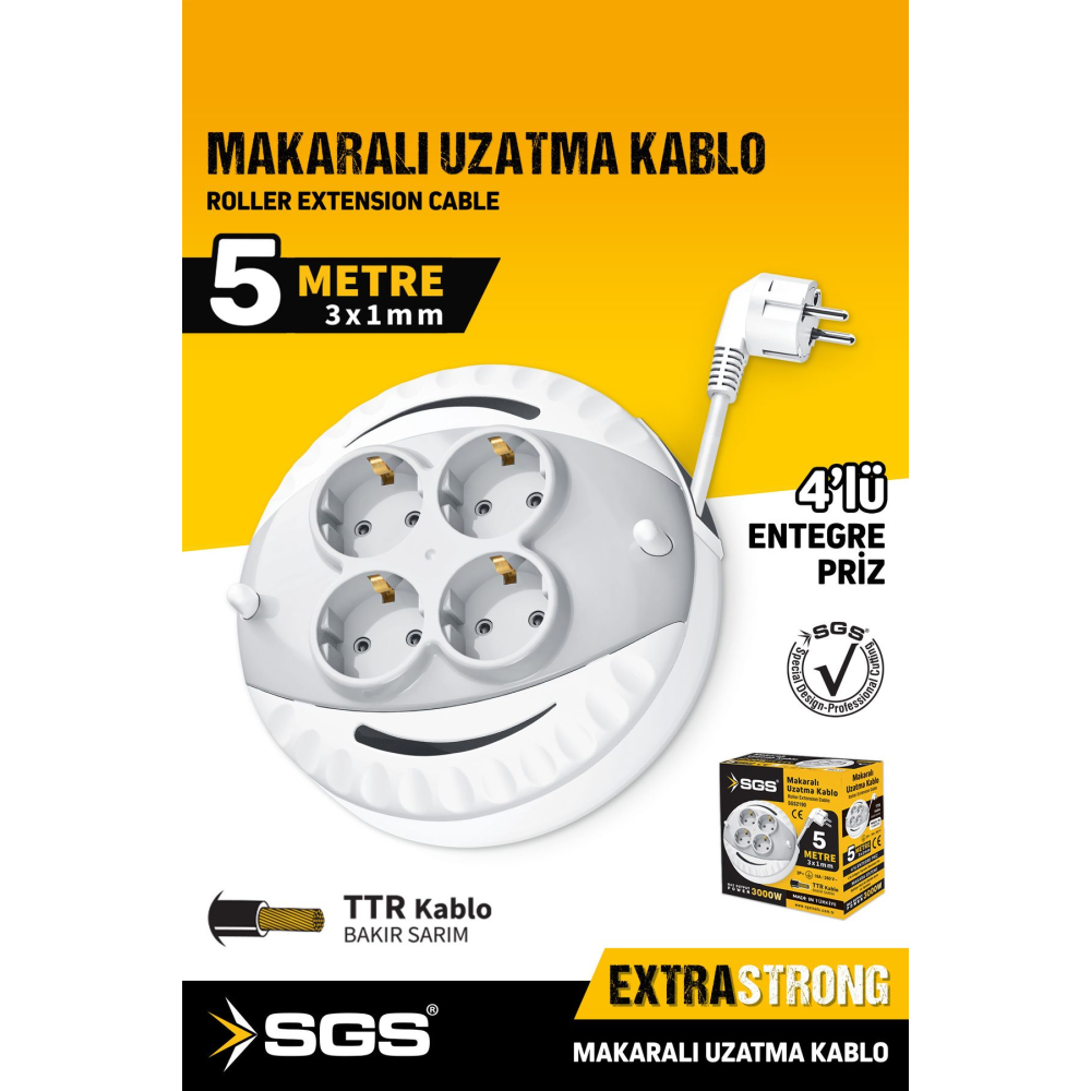 Sgs2190 Makaralı Uzatma Kablo 4 Lü 5 Metre 3x1mm 3000 Watt