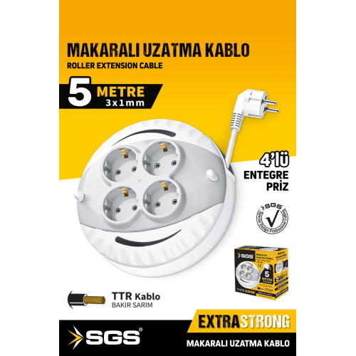 Sgs2190 Makaralı Uzatma Kablo 4 Lü 5 Metre 3x1mm 3000 Watt