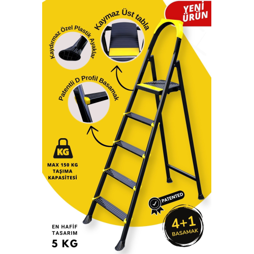 Leo Siyah Merdiven 4+1 Metal Basamaklı