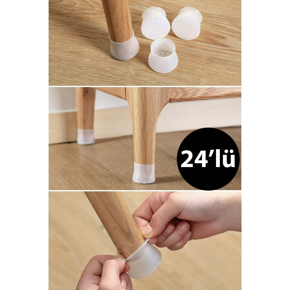 24'lü Kaydırmaz Çizdirmez A Kalite Mobilya Sandalye Masa Zemin Silikon Koruyucu Pabuç Ayak Kılıf
