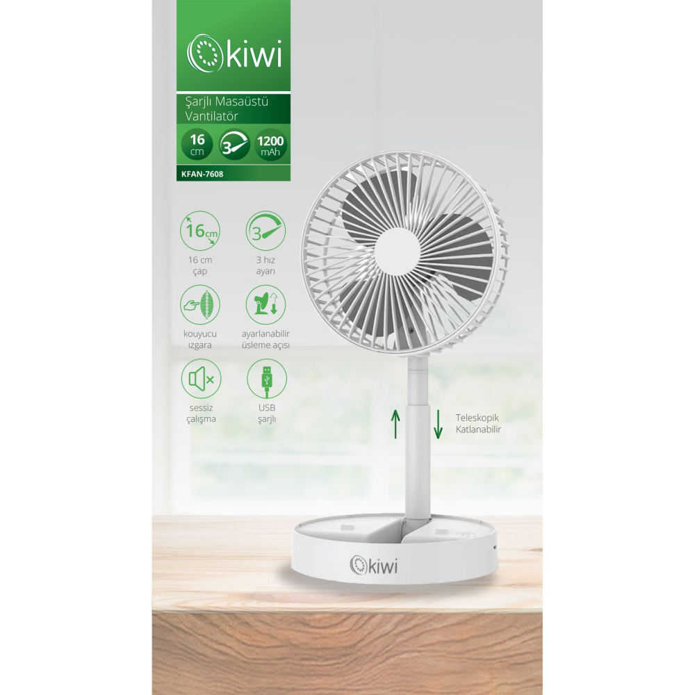 Kfan-7608 Şarjlı Beyaz Katlanılabilir Mini Fan Masa Üstü Vantilatörü Usb Soğutucu Sessiz El Fanı