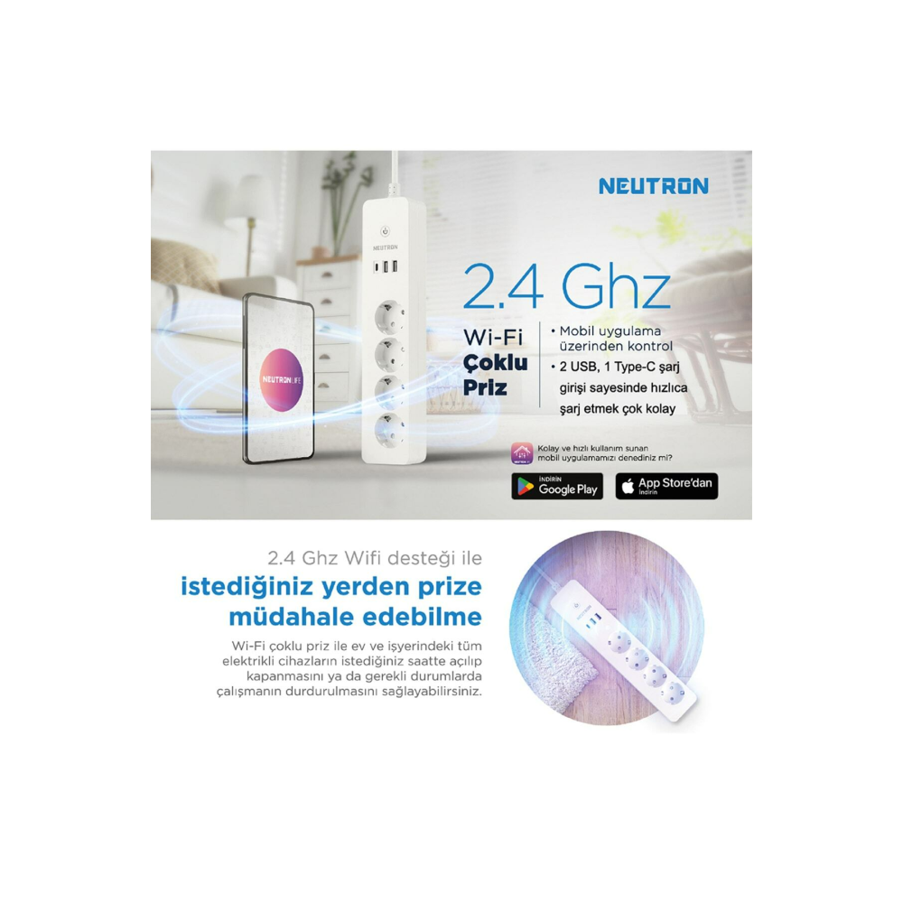 Akıllı Wi-fi Destekli 16a 4'lü Çocuk Kilitli Akım Korumalı Çoklu Priz - Uygulama Üzerinden Kontrol