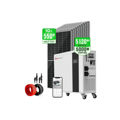 Canpower 5.12KW Kapasite+ 10x550W HalfCut Panel + 5KW İnvertör Lityum LifePo4 Villa Solar Enerji Set