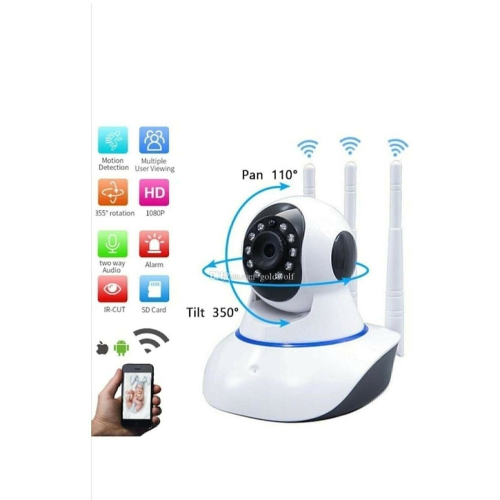 Kablosuz 3 Antenli Gece Görüşlü Güvenlik Ip Kamera Wifi Bebek Izleme Harekete Duyarlı