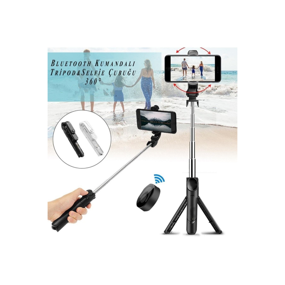 Düz Siyah Bluetooth Kumandalı Selfie Çubuğu-monopod Telefon Tutucu