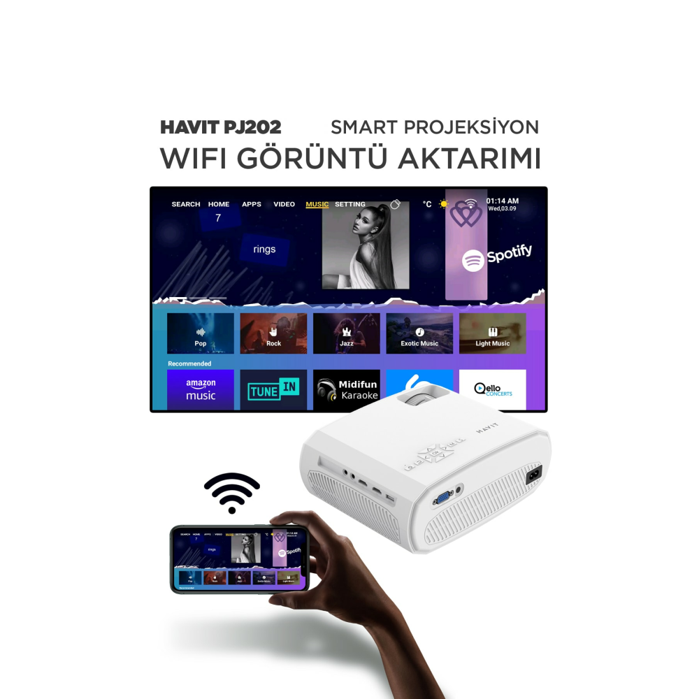 Pj202 Full Hd 1080p Taşınabilir Projeksiyon Cihazı - Wifi, 220 Ansi, Bluetotoh, Screen Mirror