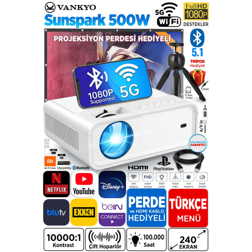 Sunspark 500w 1080p Destekli Wifi + Bluetooth Projeksiyon Cihazı - 240 Inç Yansıtma -dahili Hoparlör