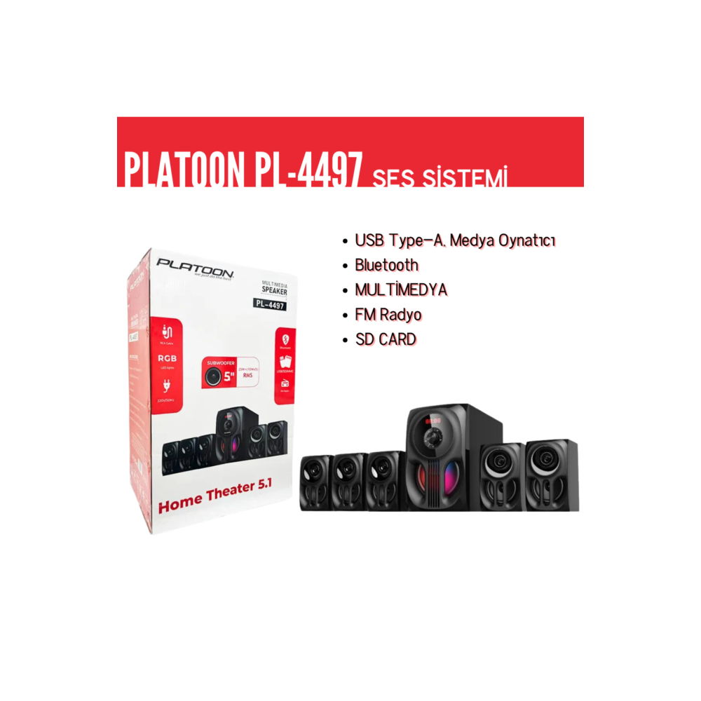 Pl-4497 5.1 Ev Sinema Ses Sistemi Usb/sd/fm Radyo 25w (10WX5) Multimedia Speaker Sinema Sistemi