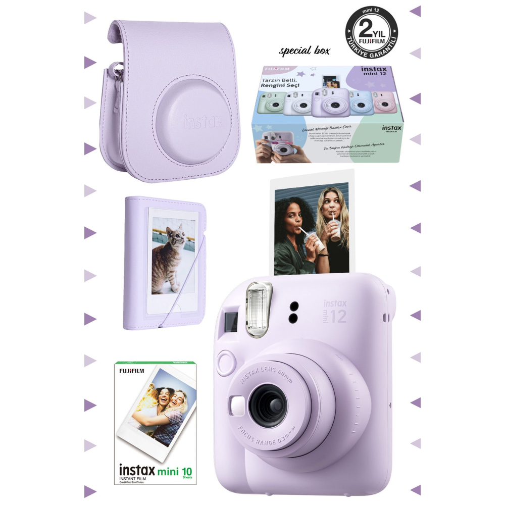 Instax Mini 12 Lila Fotoğraf Makinesi-10'lu Film-Mini Albüm ve Deri Kılıf Seti