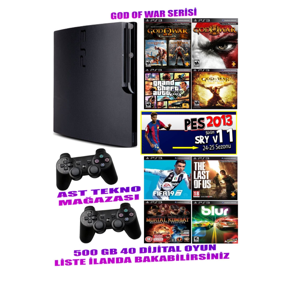 Sony Playstation 3 Slim 500 Gb ( Yenilenmiş ) 2 Kablosuz Kol 40 Dijital Oyun Garantili Ürün