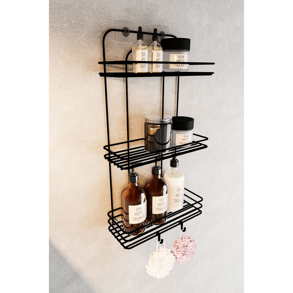Ömür Boyu Paslanmaz Yapışkanlı Düz Banyo Düzenleyici Şampuanlık Duş Rafı Siyah 2 Adet Lif Kancalı