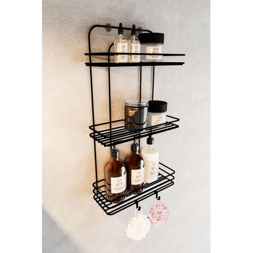 Ömür Boyu Paslanmaz Yapışkanlı Düz Banyo Düzenleyici Şampuanlık Duş Rafı Siyah 2 Adet Lif Kancalı