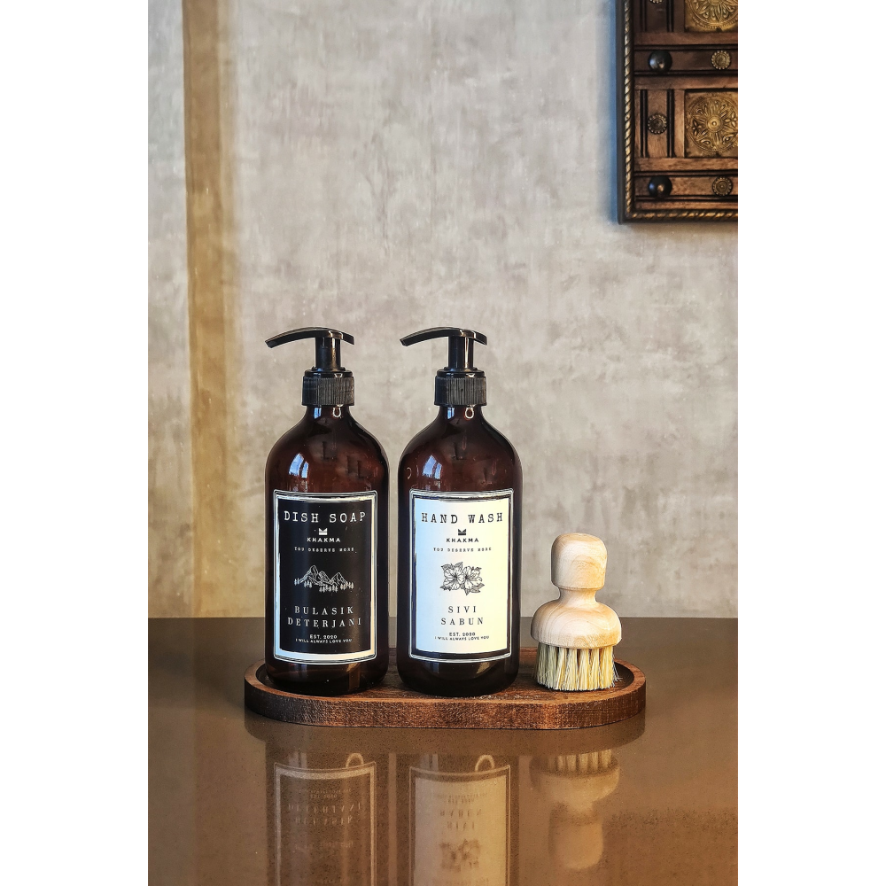 Ahşap Stantlı 2'li Amber Cam Sıvı Sabun Bulaşık Deterjanı Şişesi Sabunluk 500ml Stantlıbhsd